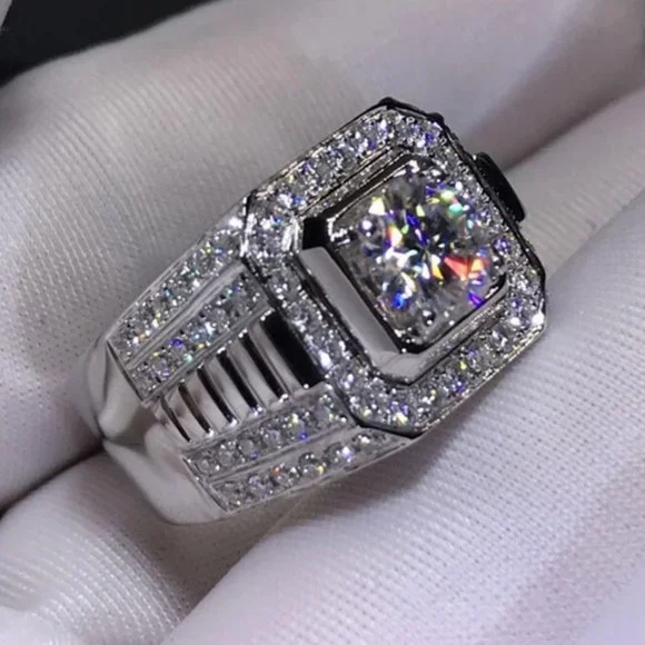 💝 Fever Square Glitter Zircon Silver Chunky Wedding Rings for Man, PD663